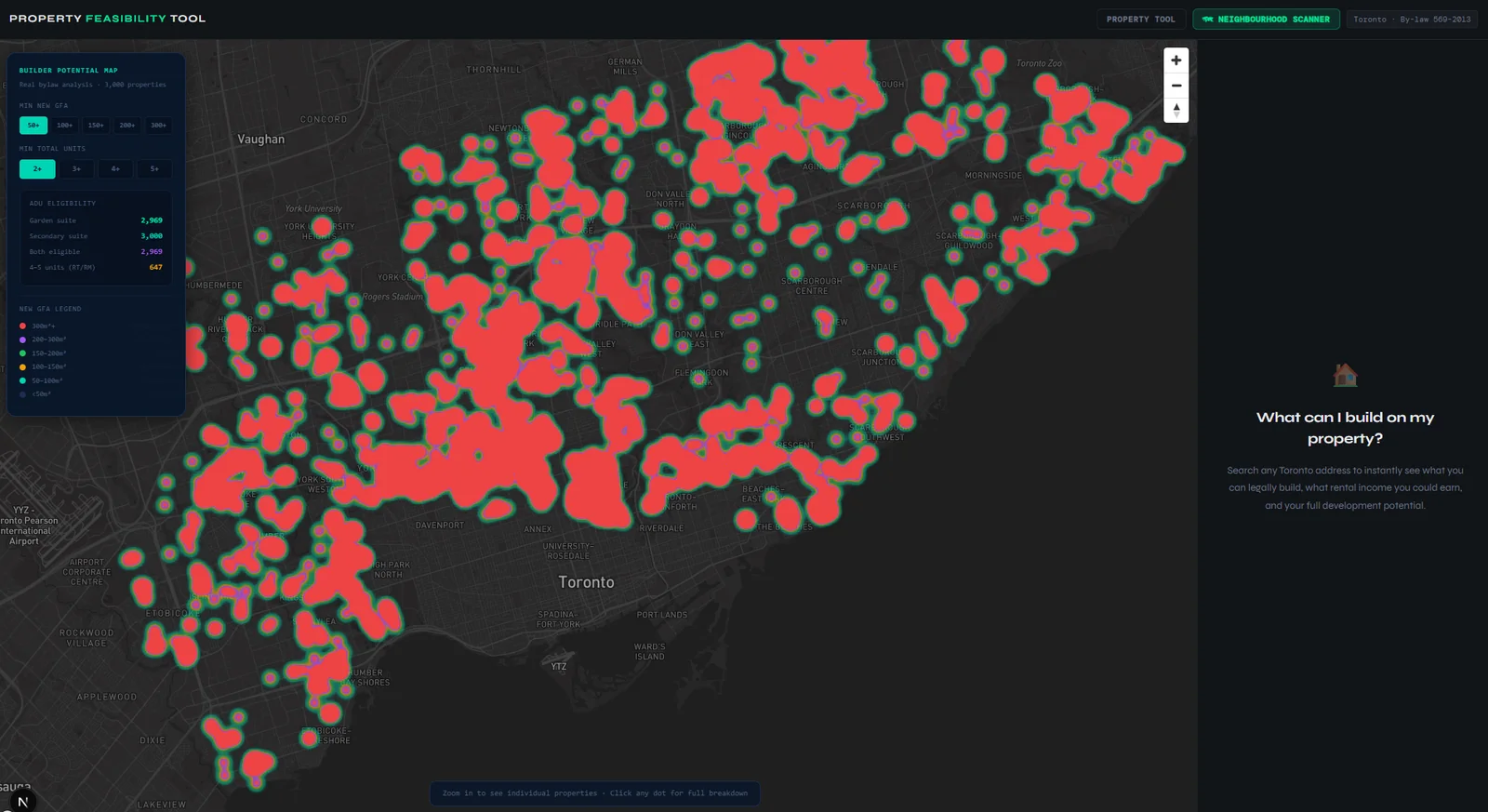 Map of Toronto lots eligible for ADU development in the property feasibility tool