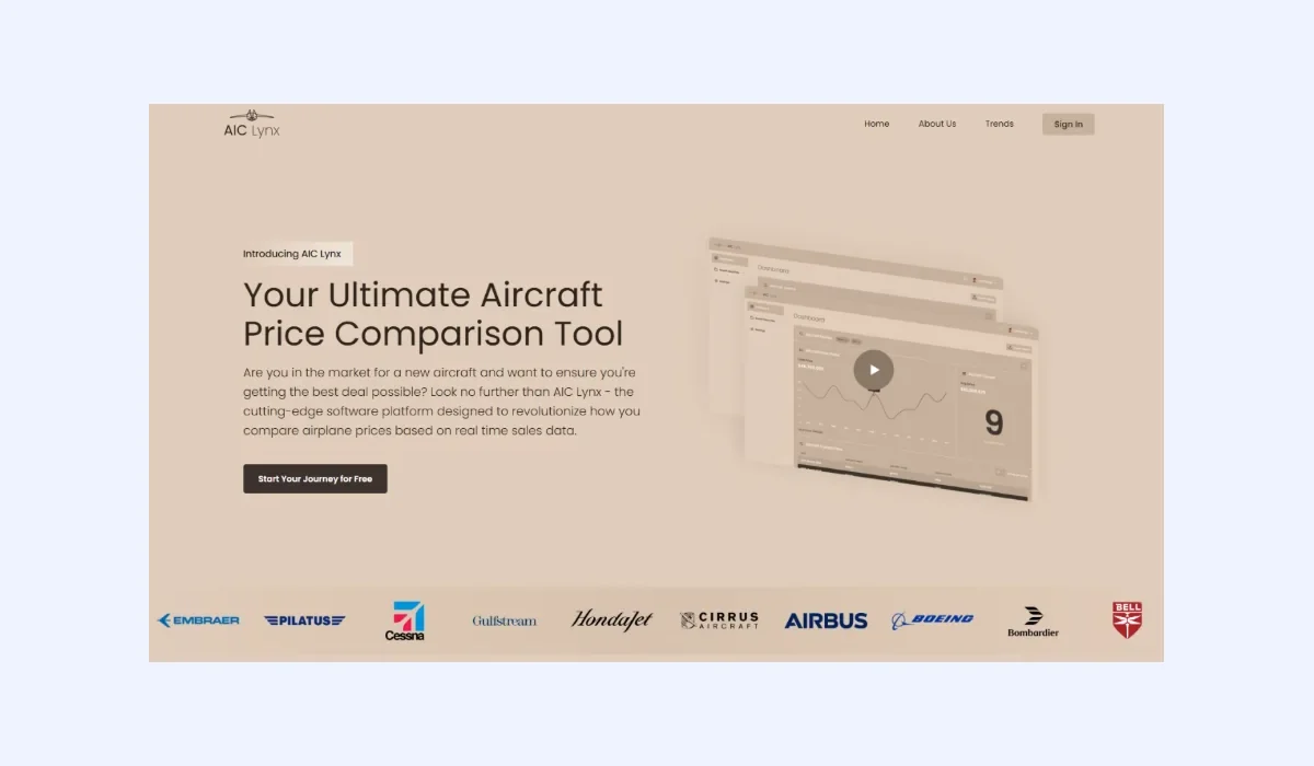 AIC Lynx aircraft price comparison tool homepage using real-time sales data