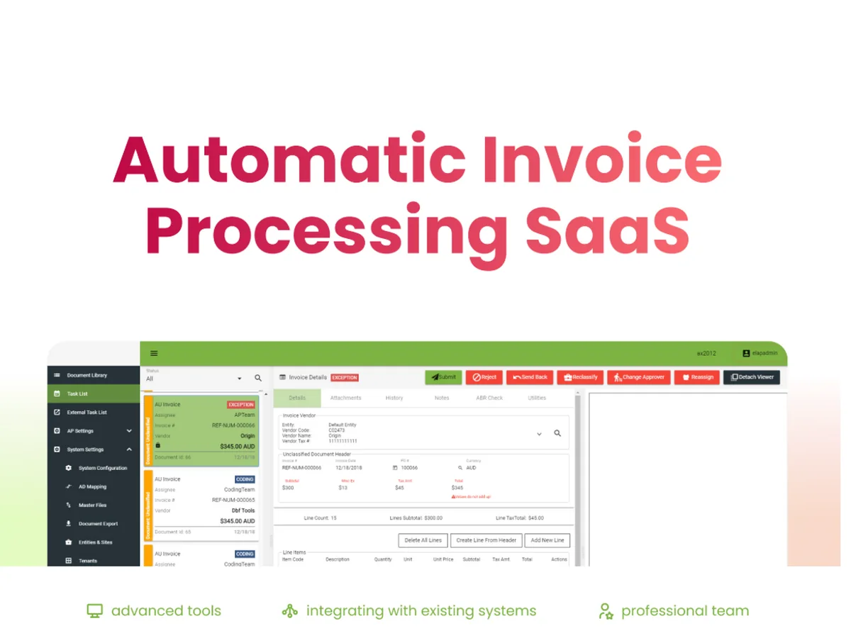 Automatic invoice processing SaaS dashboard that extracts and organizes invoice data