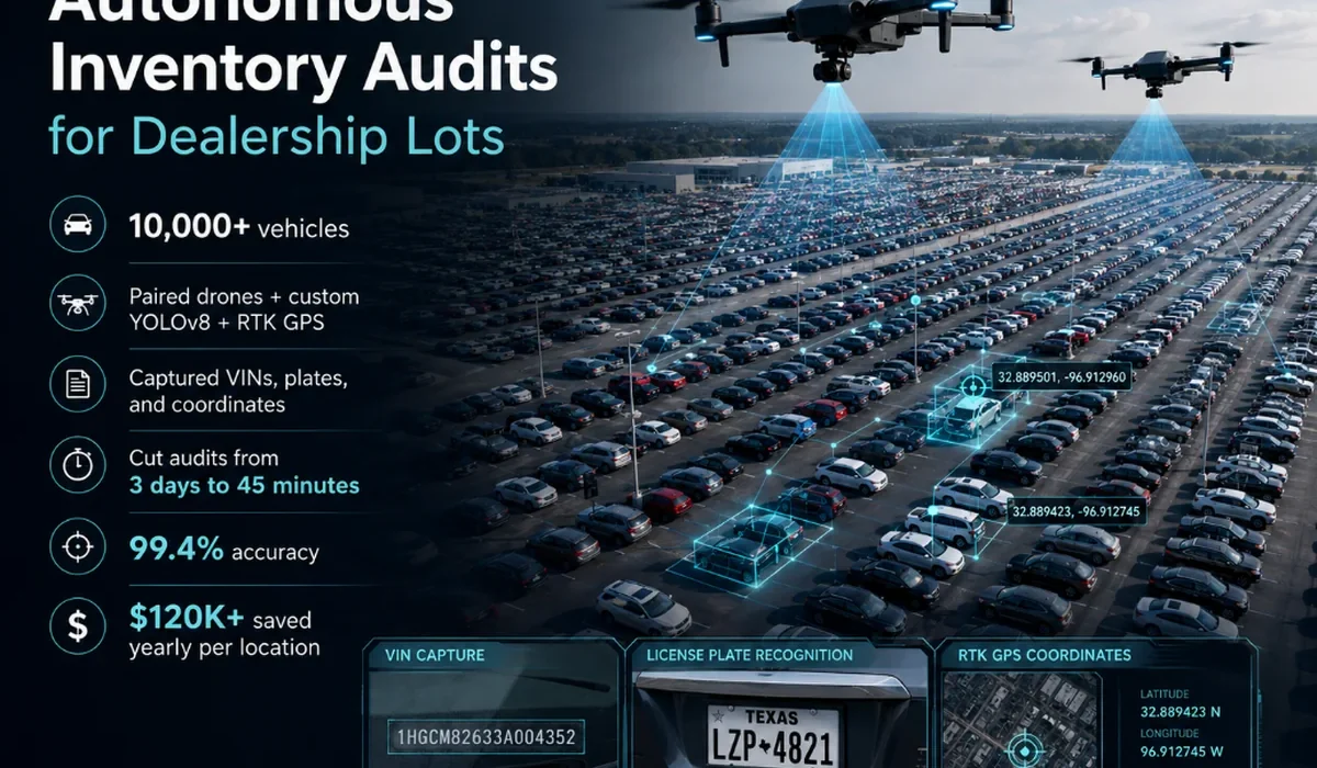 Autonomous drone inventory audit system capturing VINs and license plates on a dealership lot