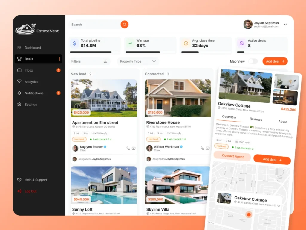 EstateNext real estate CRM with property deal pipeline, listings and map view
