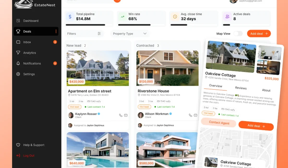 EstateNext real estate CRM with property deal pipeline, listings and map view