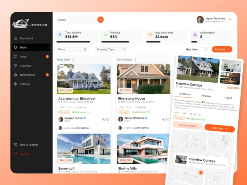 EstateNext real estate CRM with property deal pipeline, listings and map view