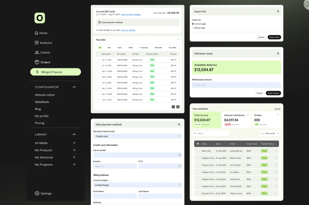 Fitness coaching platform billing and payouts dashboard for coaches