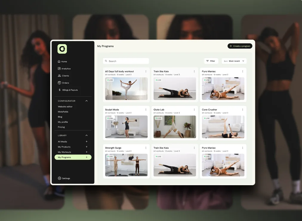 Fitness coaching platform programs manager with workout programs
