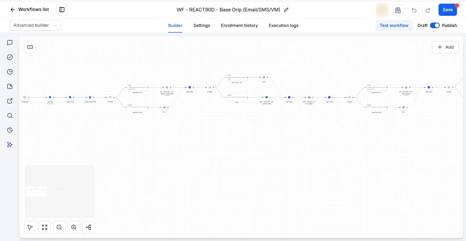 GoHighLevel advanced workflow builder showing a multi-step email, SMS and voicemail drip sequence