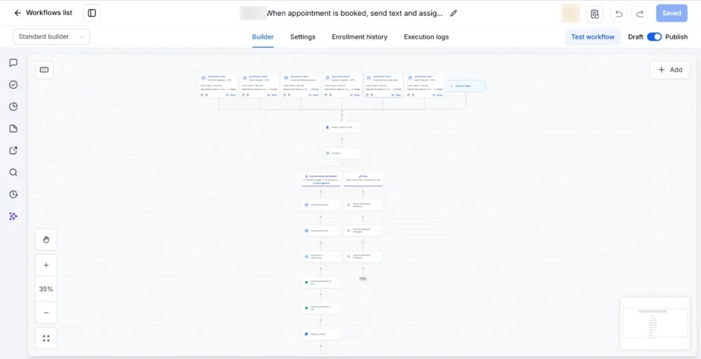 GoHighLevel workflow that assigns the contact, updates the opportunity and notifies the team when an appointment is booked