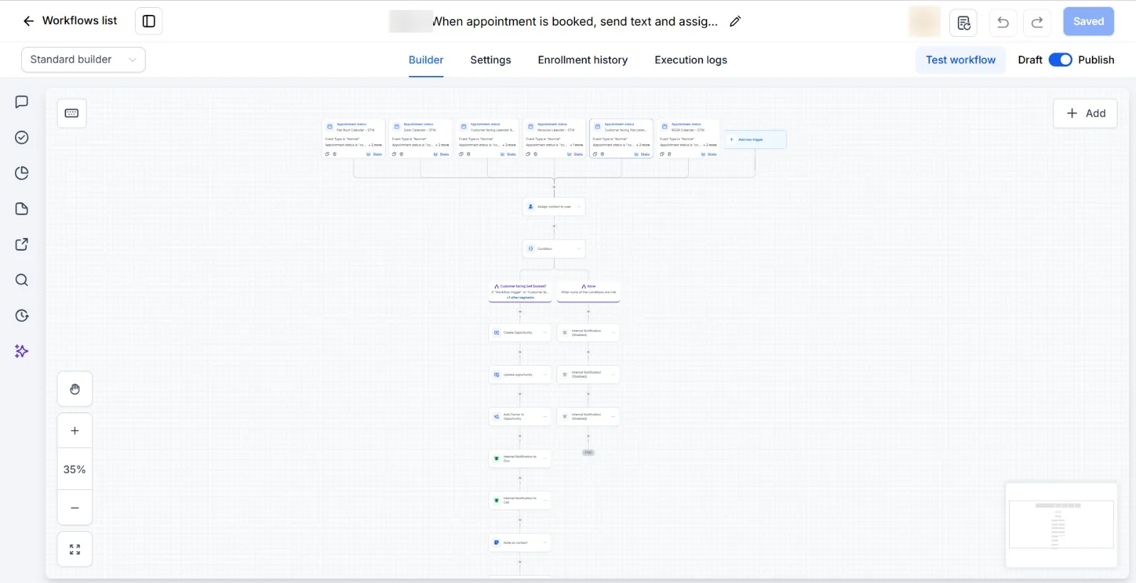 GoHighLevel workflow that assigns the contact, updates the opportunity and notifies the team when an appointment is booked