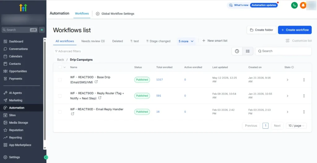 GoHighLevel drip campaign workflows for a roofing company with email, SMS and voicemail sequences
