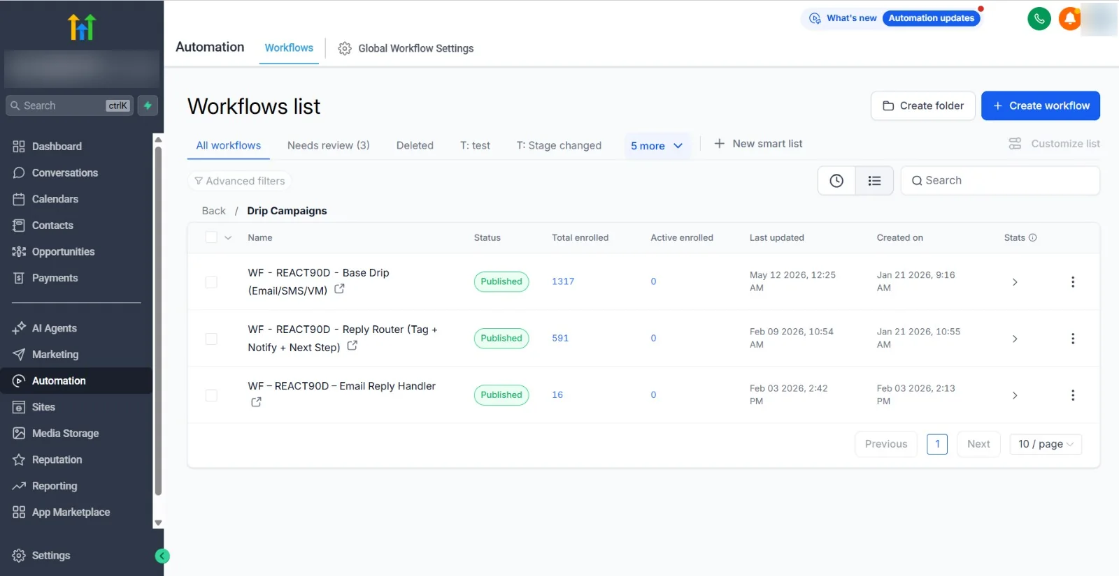 GoHighLevel drip campaign workflows for a roofing company with email, SMS and voicemail sequences