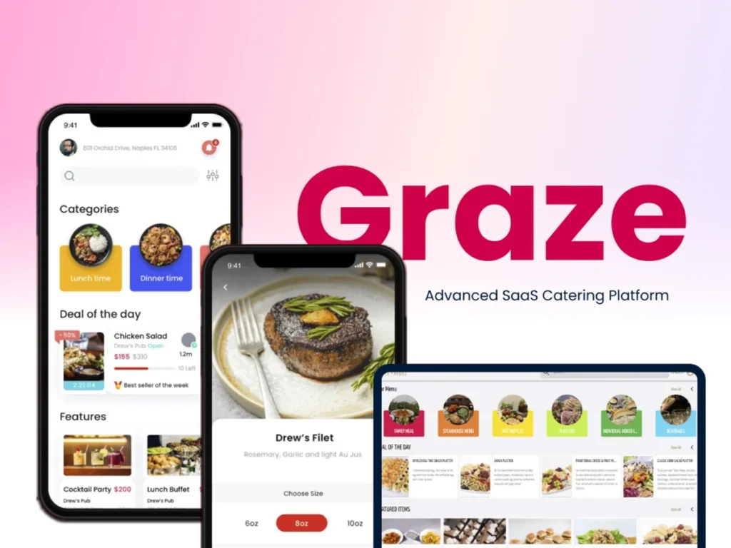 Graze catering SaaS platform with mobile ordering app and menu management