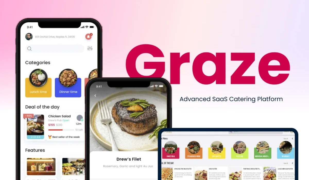 Graze catering SaaS platform with mobile ordering app and menu management