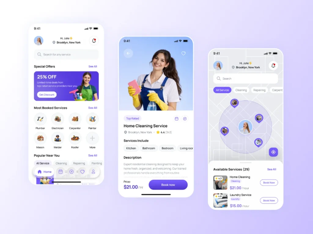 Home cleaning and home services booking app with offers, service details and nearby providers map