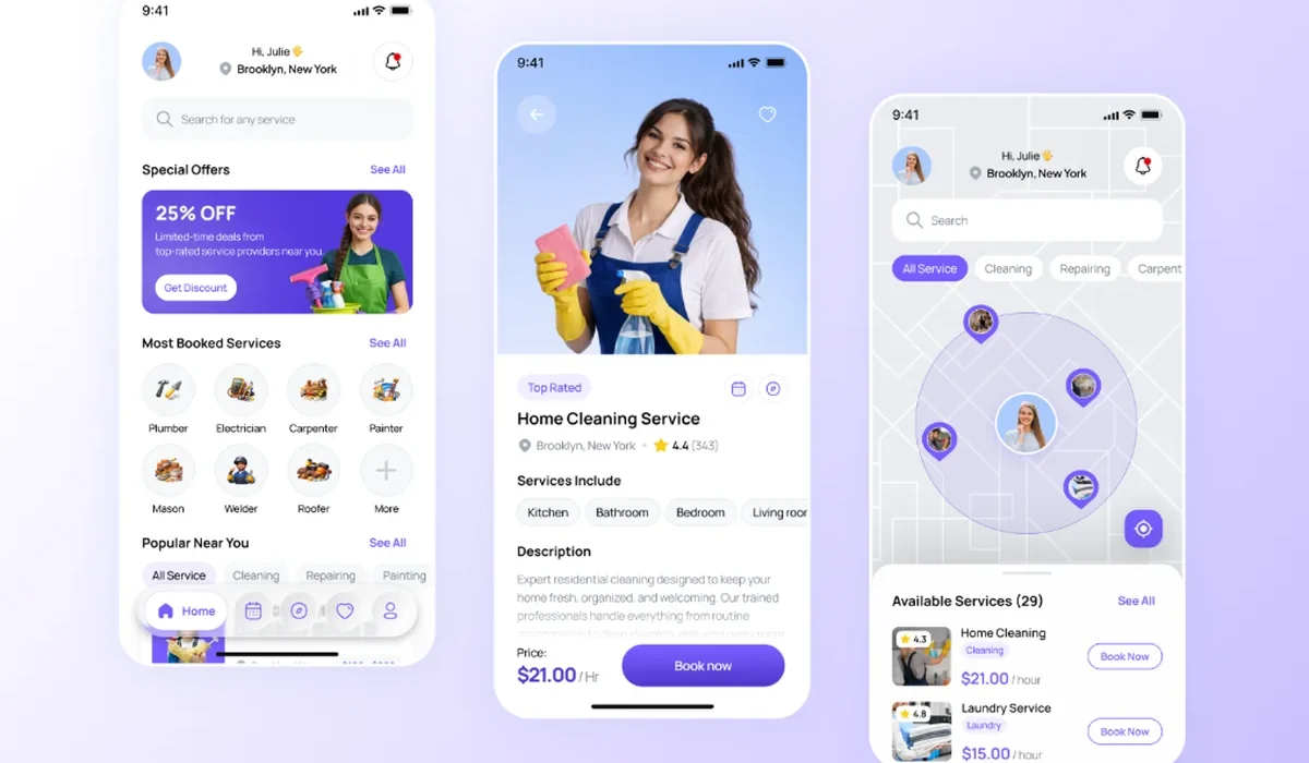 Home cleaning and home services booking app with offers, service details and nearby providers map