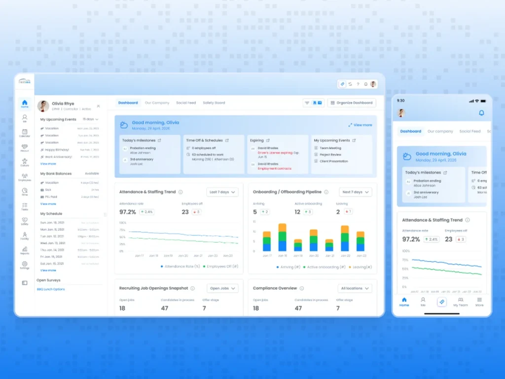 HR and workforce management dashboard with attendance, time off and onboarding pipeline
