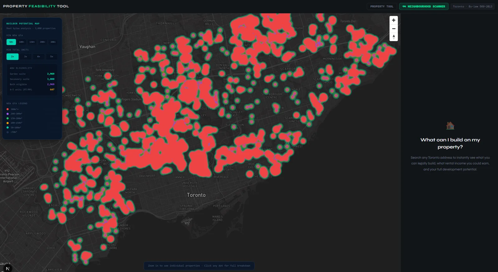 Neighbourhood scanner heat map of Toronto properties scored by building potential