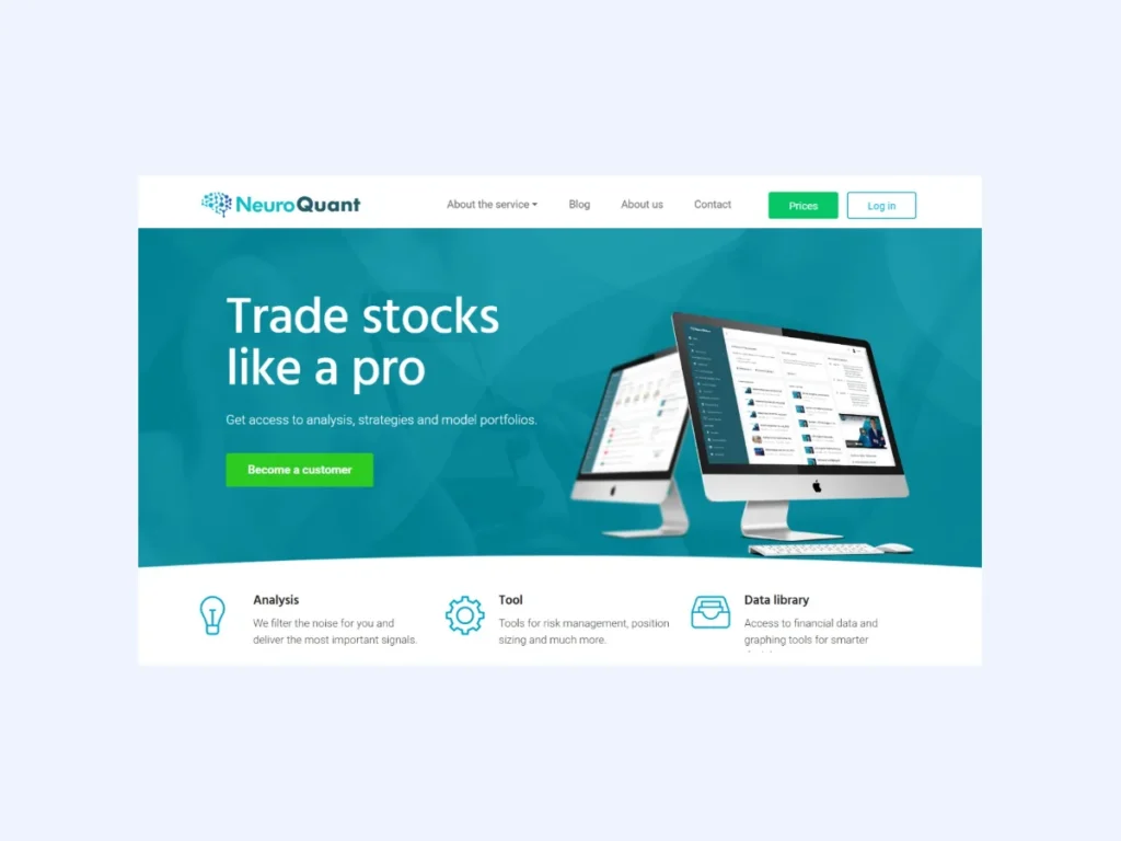 NeuroQuant stock trading platform website with analysis tools and data library
