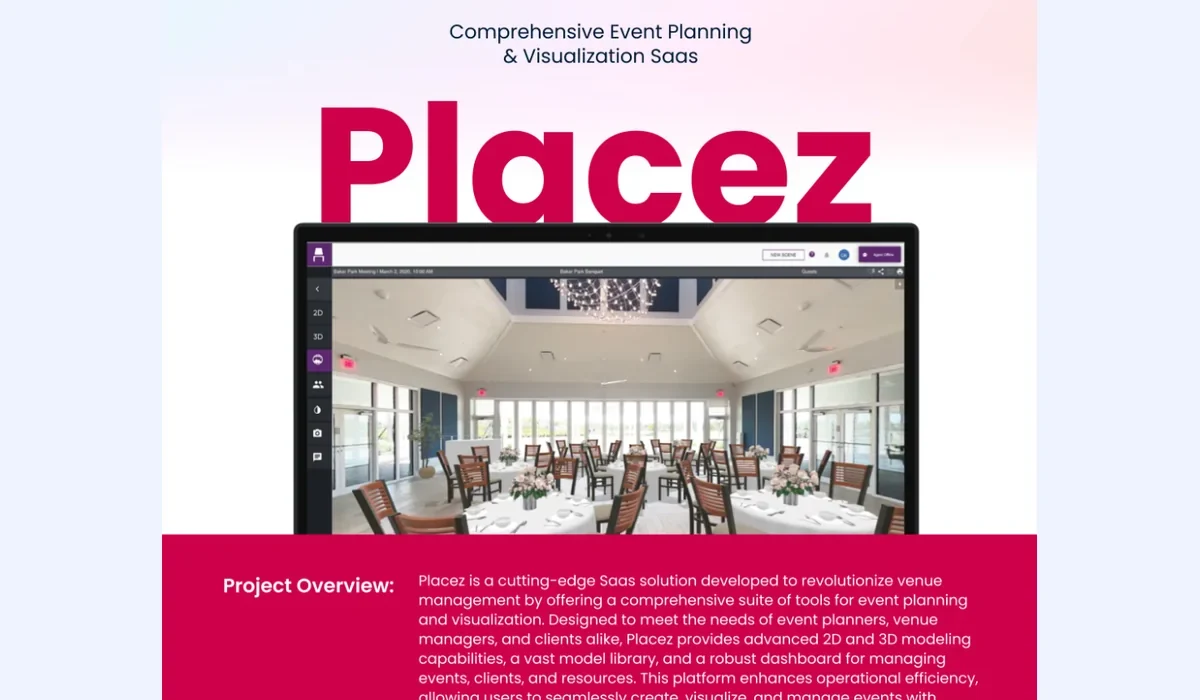 Placez event planning SaaS showing a 3D venue layout for event planners