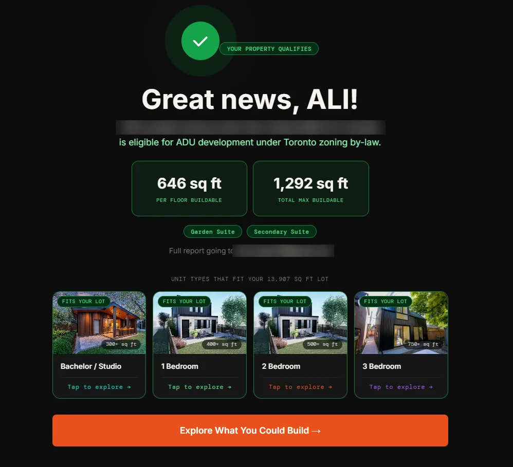Homeowner result screen showing buildable square footage and suite types