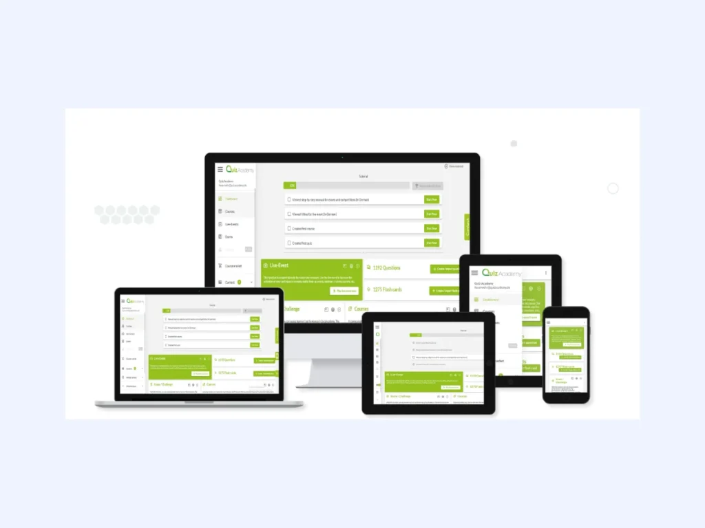 Quiz Academy e-learning platform on desktop, tablet and mobile with courses, exams and live events
