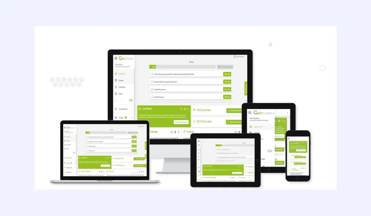 Quiz Academy e-learning platform on desktop, tablet and mobile with courses, exams and live events