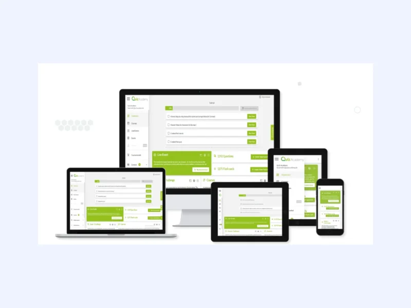 Quiz Academy e-learning platform on desktop, tablet and mobile with courses, exams and live events
