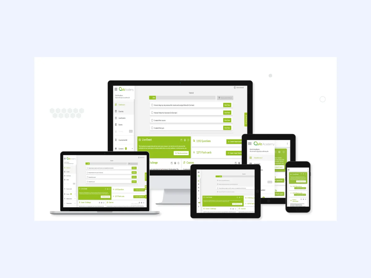 Quiz Academy e-learning platform on desktop, tablet and mobile with courses, exams and live events