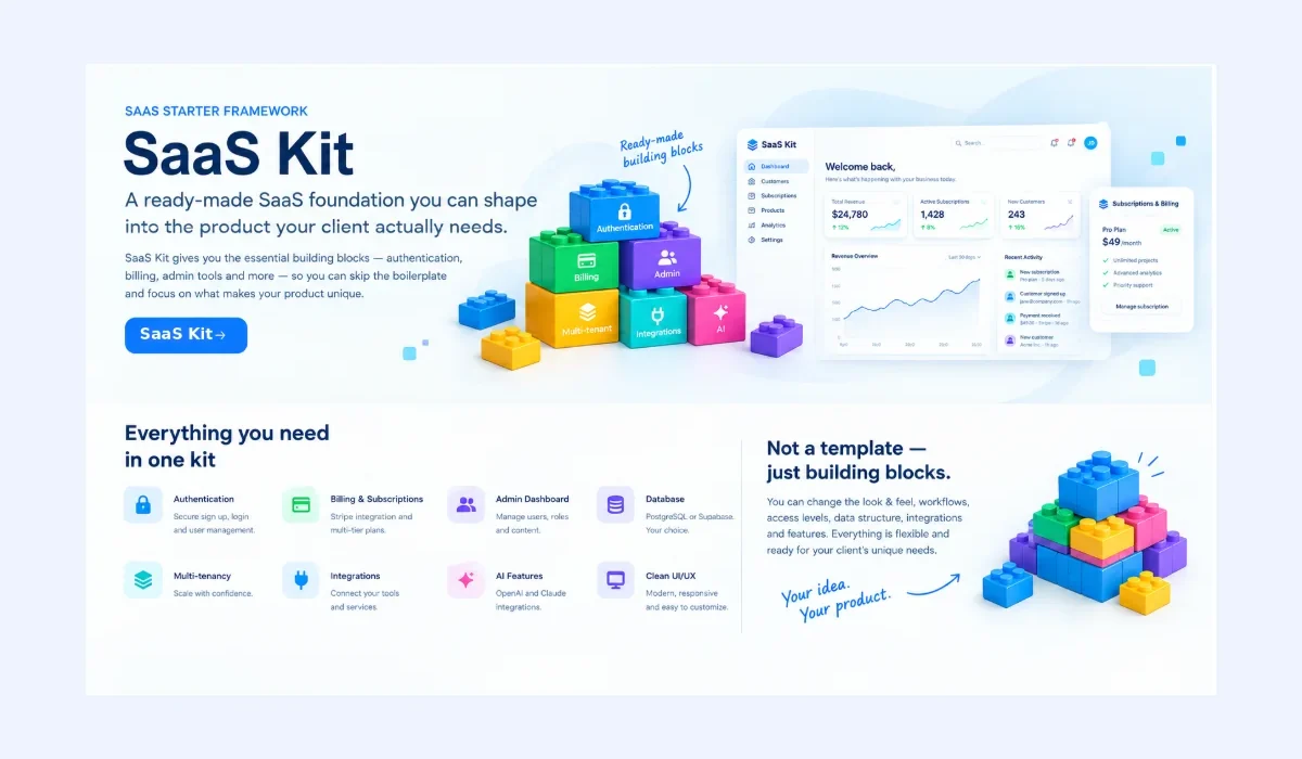 SaaS Kit starter framework with authentication, billing, admin dashboard and integrations