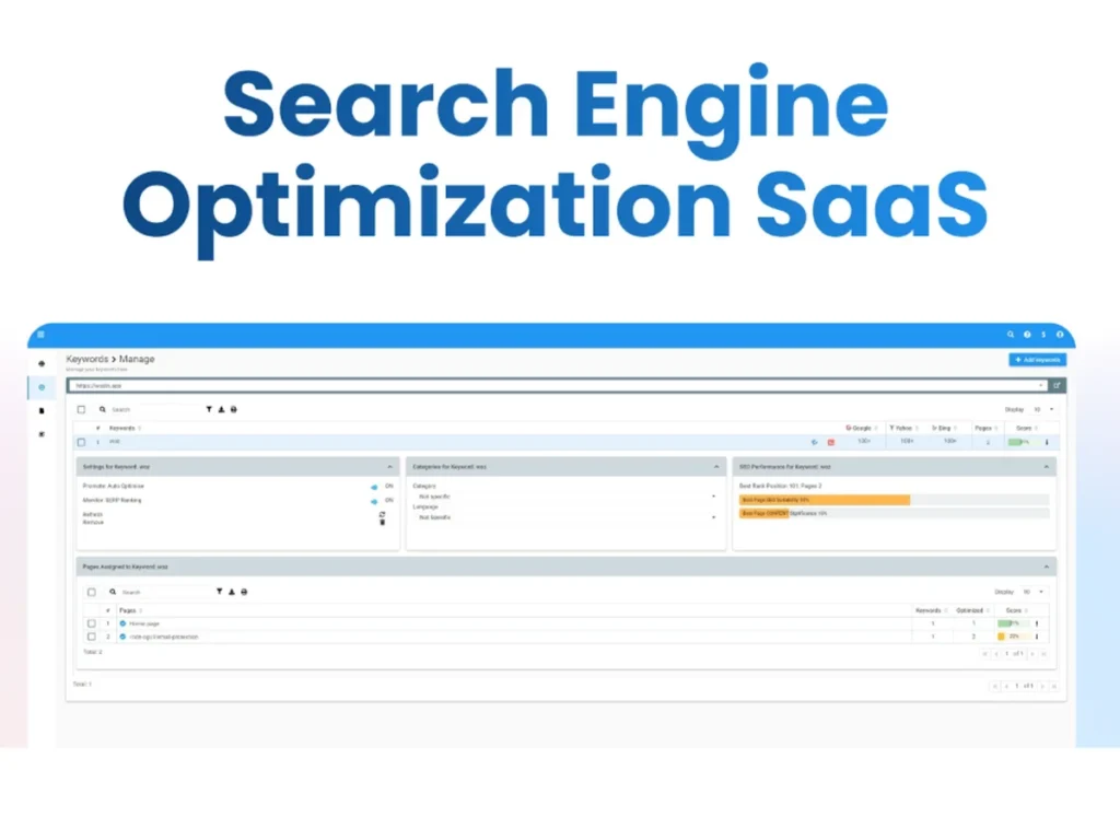 Search engine optimization SaaS dashboard for keyword and ranking management