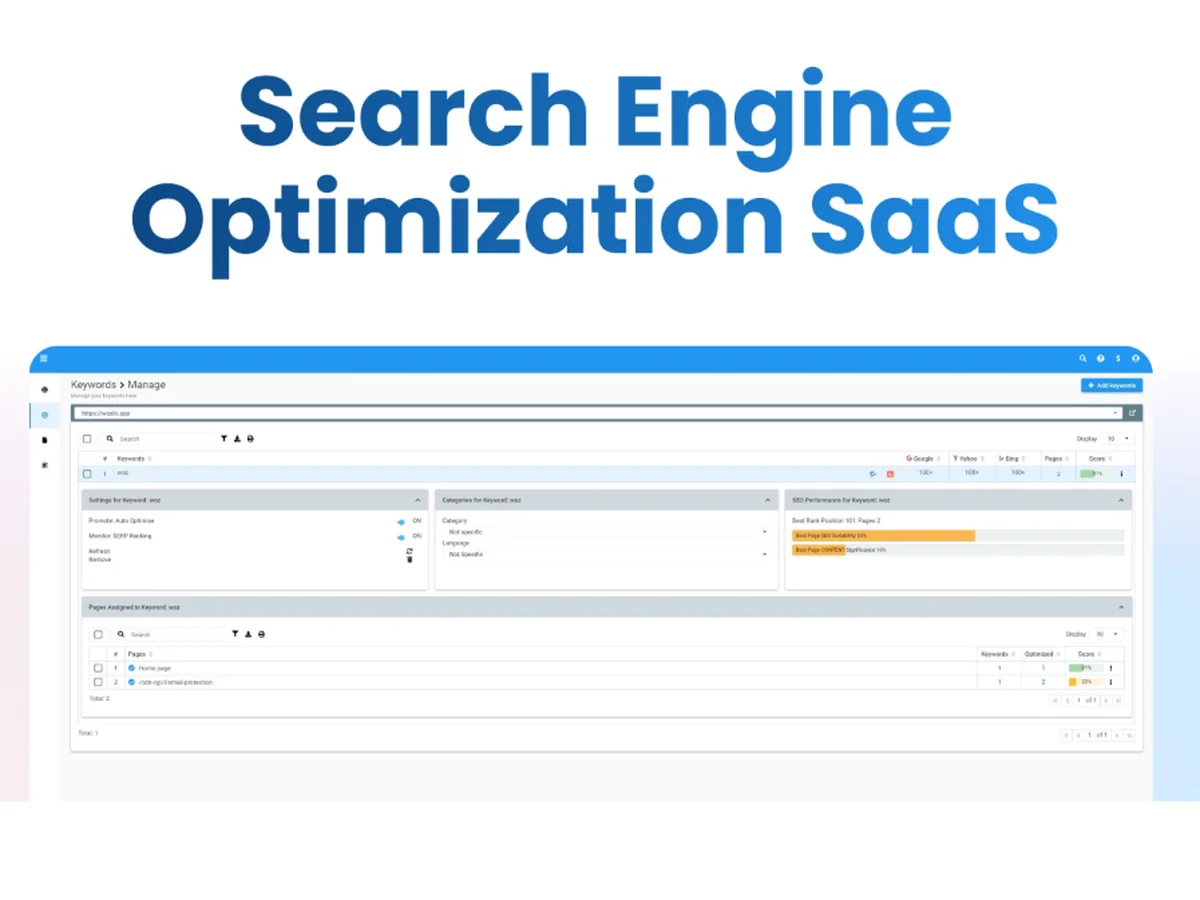 Search engine optimization SaaS dashboard for keyword and ranking management