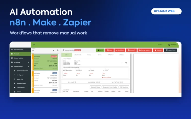 AI Automation n8n · Make · Zapier by Upstack Web: Workflows that remove manual work