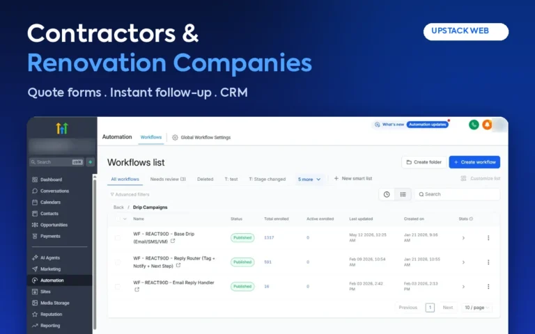 Contractors & Renovation Companies by Upstack Web: Quote forms, Instant follow-up, CRM