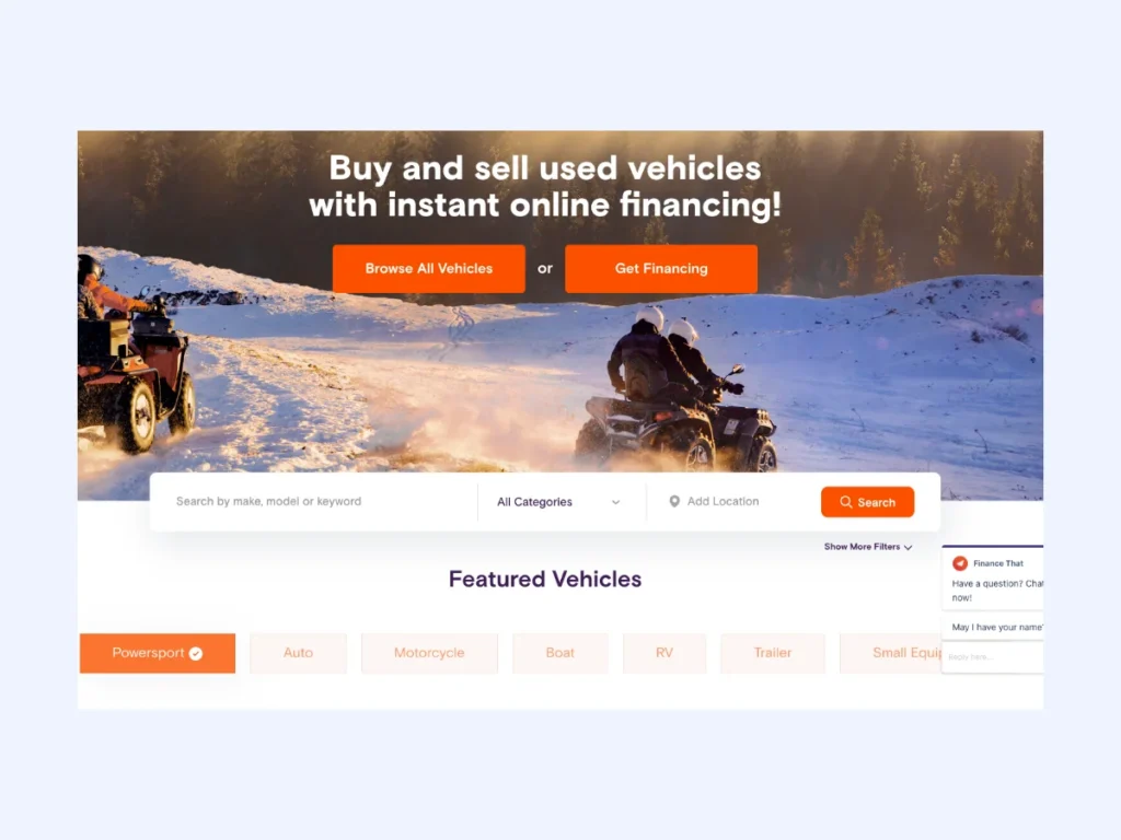 Used vehicle marketplace website with search, categories and instant online financing