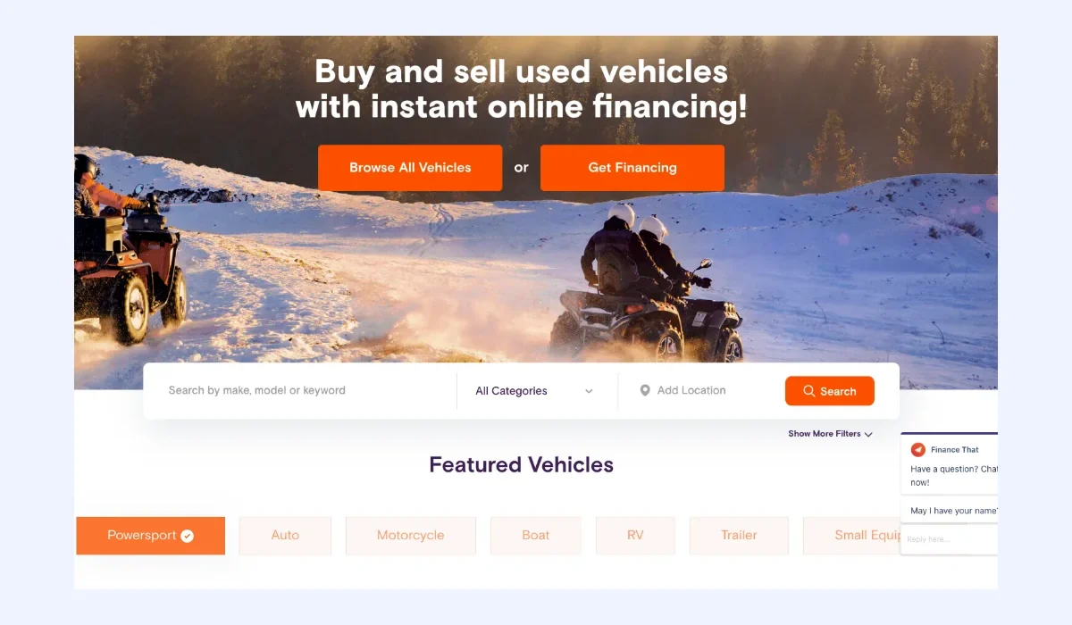 Used vehicle marketplace website with search, categories and instant online financing