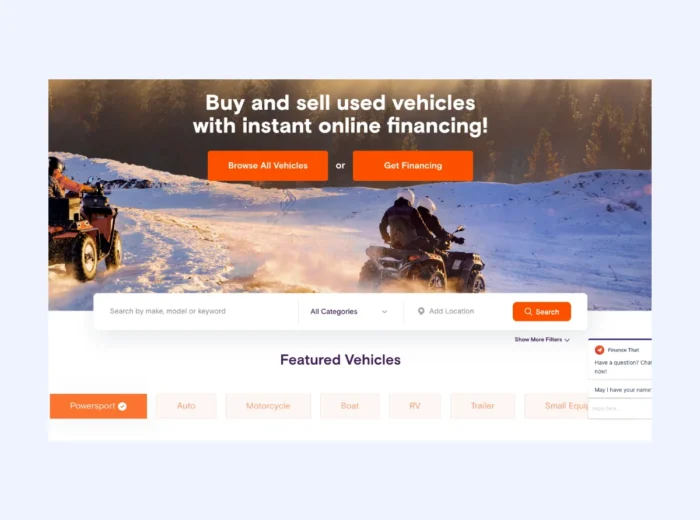 Used vehicle marketplace website with search, categories and instant online financing