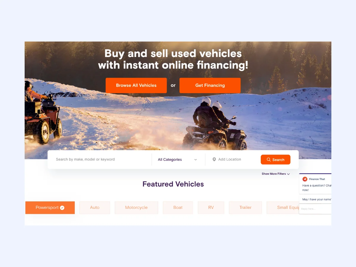 Used vehicle marketplace website with search, categories and instant online financing